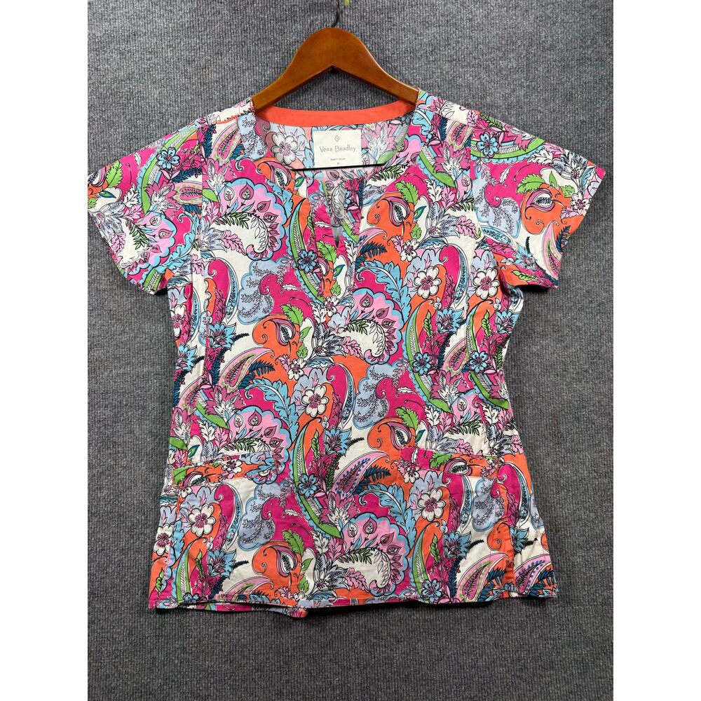 Vera Bradley Women's Scrub Top Size M Pink Blue White Floral Butterfly